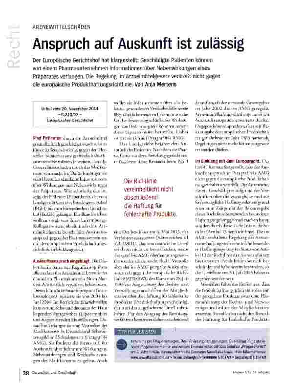 Vorschauseite 1: Anspruch auf Auskunft ist zulässig