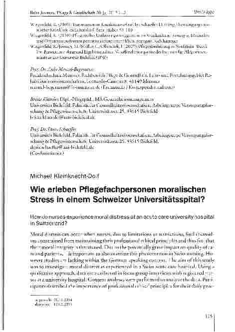 Vorschauseite 1: Wie erleben Pflegefachpersonen moralischen Stress in einem Schweizer Universitätsspital?