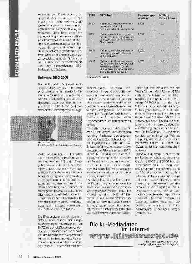 Vorschauseite 3: Schmerztherapie als strategische ChanceIm neuen DRG-Katalog widmen sich mehrere Fallgruppen dem chronischen Schmerz
