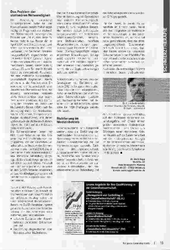 Vorschauseite 4: Schmerztherapie als strategische ChanceIm neuen DRG-Katalog widmen sich mehrere Fallgruppen dem chronischen Schmerz