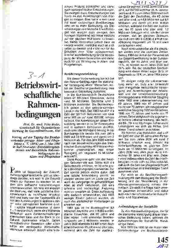 Vorschauseite 1: Betriebswirtschaftliche Rahmenbedingungen / Entwicklungstendenzen u. Betriebliche Rahmenbedingungen der Altenu. Pflegeheime