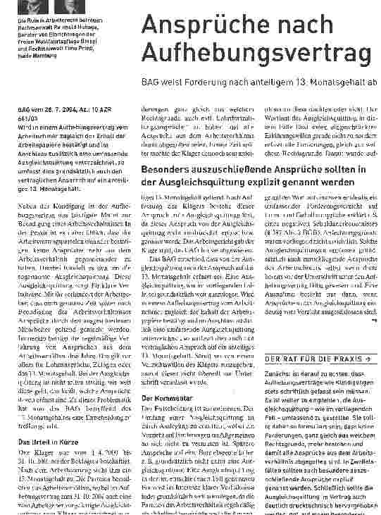 Vorschauseite 1: Ansprüche nach AufhebungsvertragBAG weist Forderung nach anteiligem 13. Monatsgehalt ab