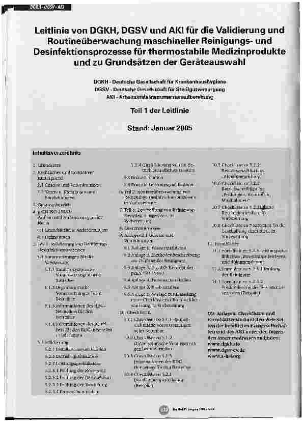 Vorschauseite 1: Leitlinie von DGKH, DGSV und AKI für die Validierung undRoutineüberwachung maschineller ReinigungsundDesinfektionsprozesse für thermostabile Medizinprodukteund zu Grundsätzen der…