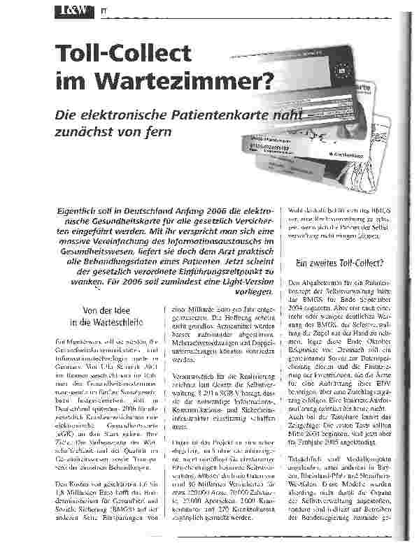 Vorschauseite 1: Toll-Collect im Wartezimmer? Die elektonische Patienetenkarte nahtzunächst von fern