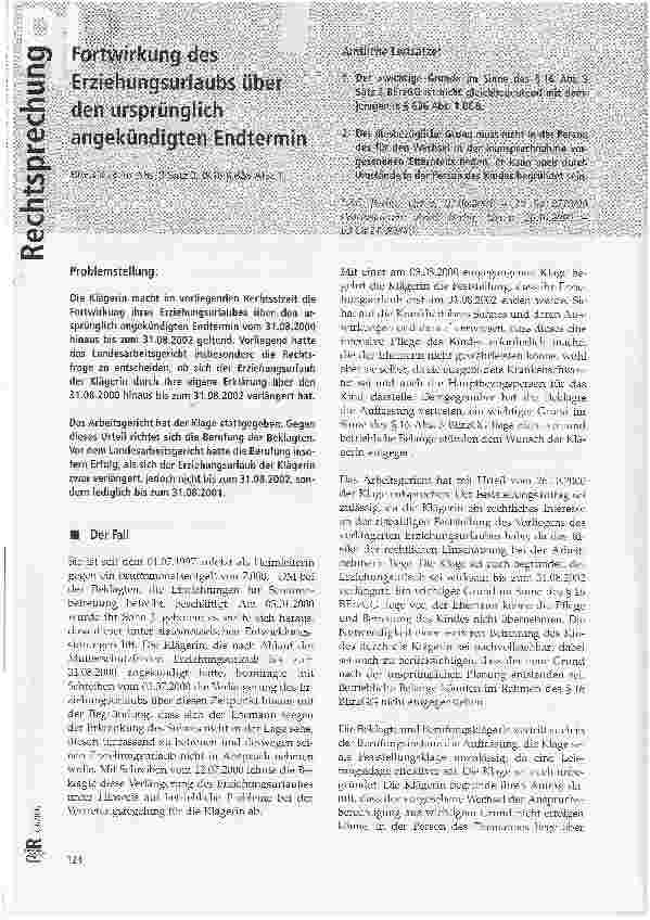 Vorschauseite 1: Fortwirkung des Erziehungsurlaubs über den ursprünglich angekündigten Endtermin