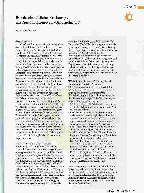 Vorschauseite 1: Bundeseinheitliche Festbeträge -das Aus für Homecare-Unternehmen?