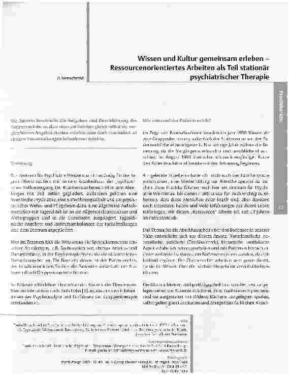 Vorschauseite 1: Wissen und Kultur gemeinsam erleben -Ressourcenorientiertes Arbeiten als Teil stationärpsychiatrischer Therapie Wissen und Kultur gemeinsam erleben -Ressourcenorientiertes Arbeite…