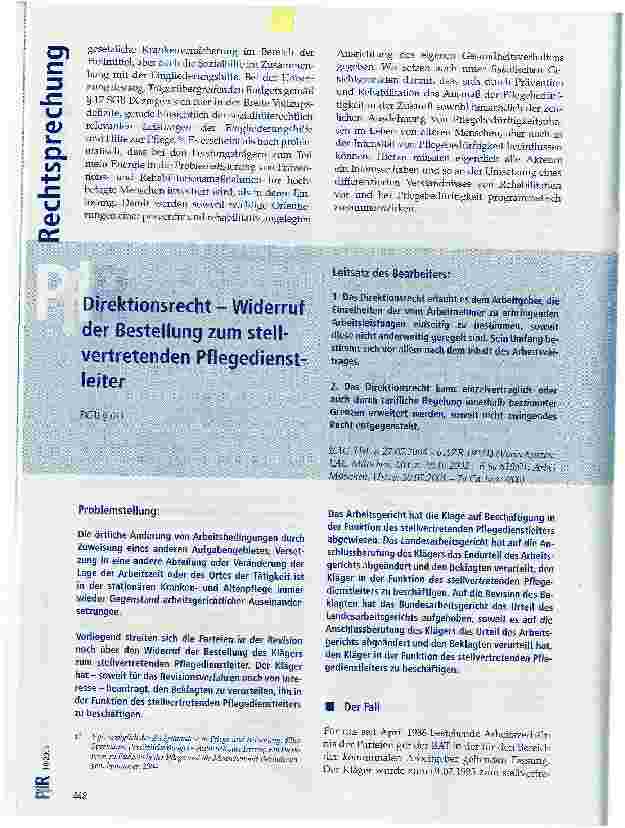 Vorschauseite 1: Direktionsrecht - Widerruf der Bestellung zum stellvertretenden Pflegedienstleiter