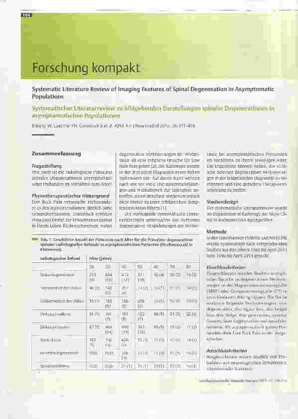 Vorschauseite 1: Systematischer Literaturreview zu bildgebenden Darstellungen spinaler Degenerationen in asymptomatischen Populationen