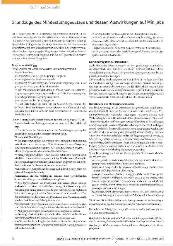 Vorschauseite 1: Grundzüge des Mindestlohngesetzes und dessen Auswirkungen auf Minijobs