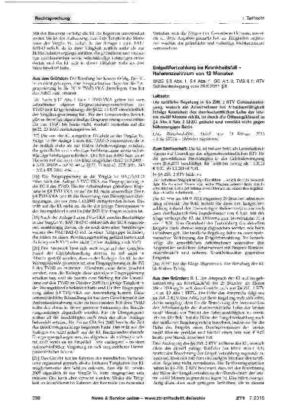 Vorschauseite 1: Entgeltfortzahlung im Krankheitsfall -Referenzzeitraum von 12 MonatenEFZG §3 Abs. 1, §4 Abs. 4; GG Art. 3; TVG §!; RTV Gebäudereinigung vom 28.6.2011 §6