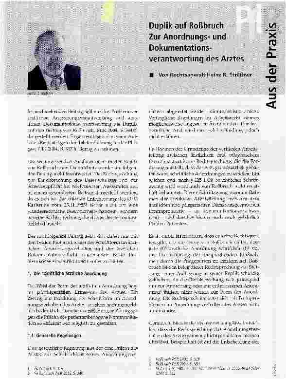 Vorschauseite 1: Duplik auf Roßbruch - Zur Anordnungsund Dokumentationsverantwortung des Arztes