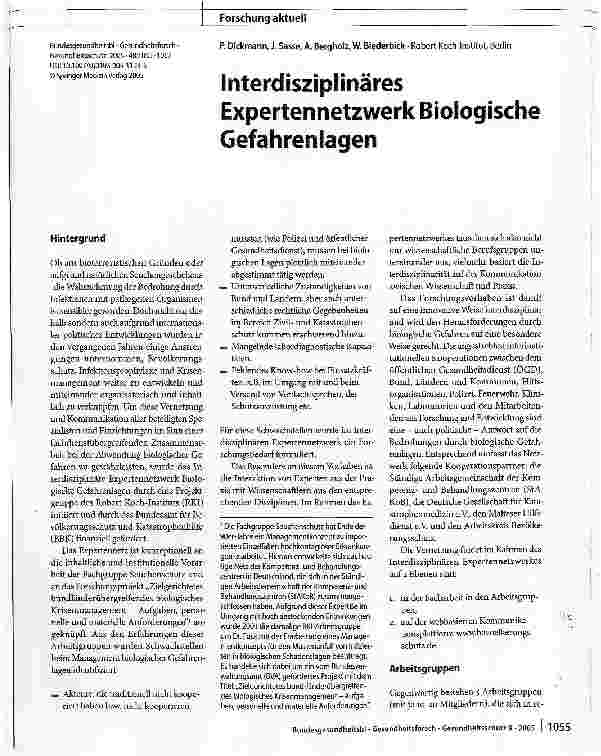 Vorschauseite 1: Interdisziplinäres Expertennetzwerk Biologische Gefahrenanlagen