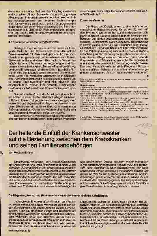 Vorschauseite 1: Der helfende Einfluß der Krankenschwester auf die Beziehung zwischen Krebskranken und seinen Familienangehörigen