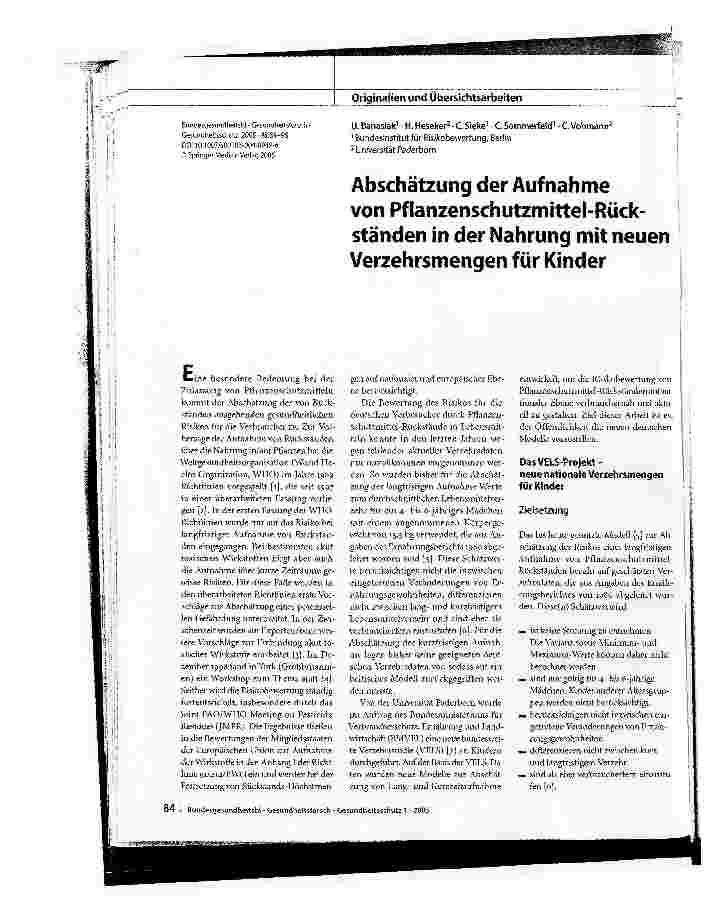 Vorschauseite 1: Abschätzung der Aufnahme von Pflanzenschutzmittel-Rückständen in der Nahrung mit neuen Verzehrsmengen für Kinder