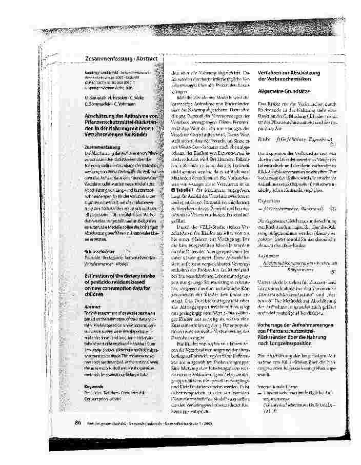 Vorschauseite 3: Abschätzung der Aufnahme von Pflanzenschutzmittel-Rückständen in der Nahrung mit neuen Verzehrsmengen für Kinder