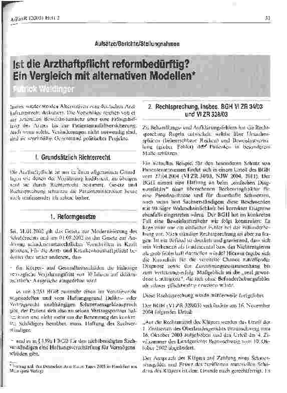 Vorschauseite 1: Ist die Arzthaftpflicht reformbedürftig? Ein Vergleich mit alternativen Modellen