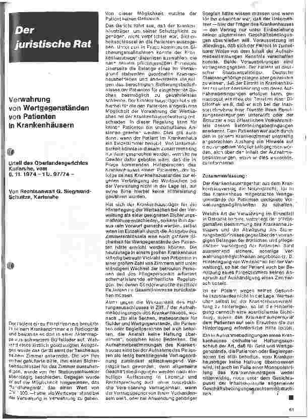 Vorschauseite 1: Verwahrung von Wertgegenständen von Patienten in Krankenhäusern Urteil des Oberlandesgerichtes Karlsruhe vom 6.11.74 -1U.97/74 -