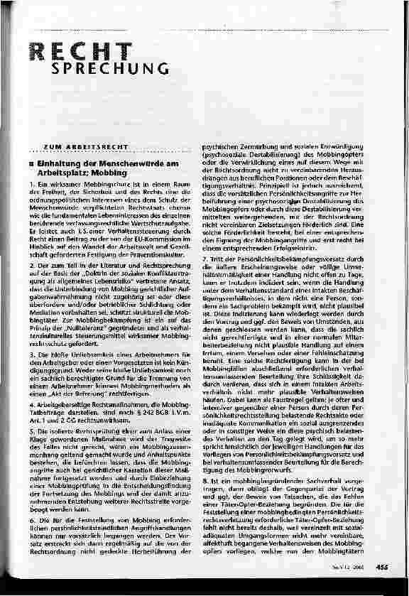 Vorschauseite 1: Einhaltung der Menschenwürde am Arbeitsplatz; Mobbing