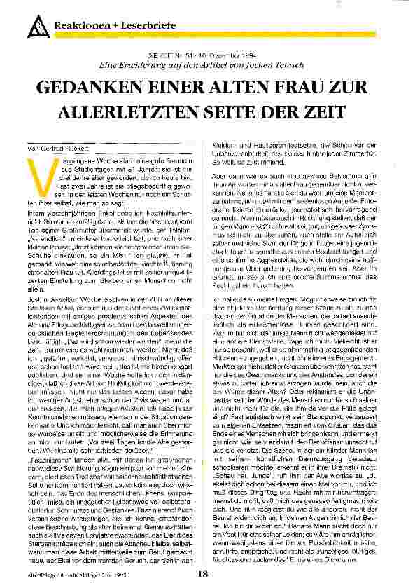 Vorschauseite 1: Gedanken einer alten Frau zur allerletzten Seite der Zeit Eine Erwiderung auf den Artikel von Jochen Temsch