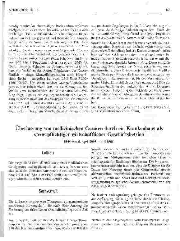 Vorschauseite 1: Überlassung von medizinischen Geräten durch ein Krankenhaus als steuerpflichtiger wirtschaftlicher Geschäftsbetrieb