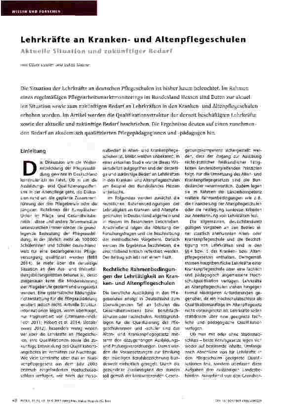 Vorschauseite 1: Lehrkräfte an Krankenund Altenpflegeschulen Aktuelle Situation und zukünftiger Bedarf