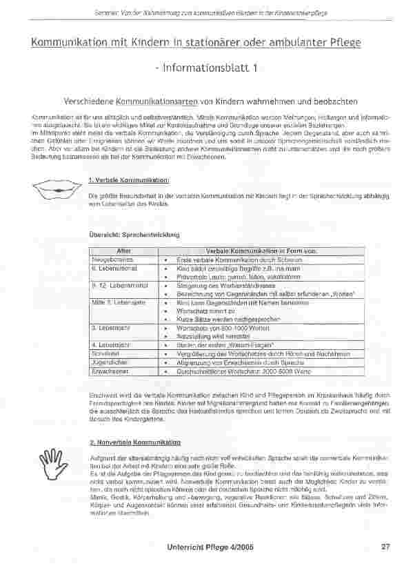 Vorschauseite 5: Unterrichtsentwurf zum Thema: Von der Wahrnehmung zum kommunikativenHandeln in der Kinderkrankenpflege