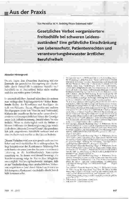 Vorschauseite 1: Gesetzliches Verbot »organisierter« Freitodhilfe bei schweren Leidenszuständen? Eine gefährliche Einschränkung von Lebensschutz, Patientenrechten und verantwortungsbewusster ärztl…