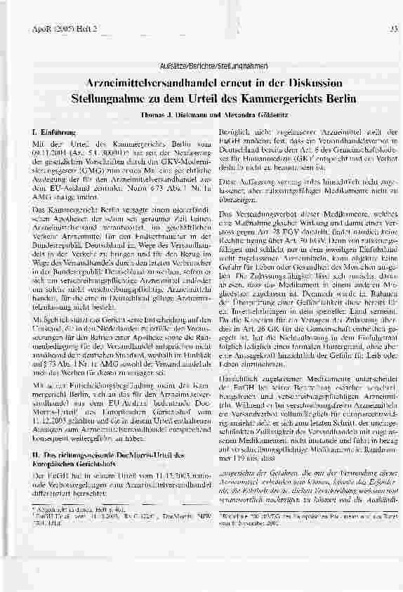 Vorschauseite 1: Arzneimittelversandhandel erneut in der Diskussion Stellungnahme zu dem Urteil des Kammergerichts Berlin