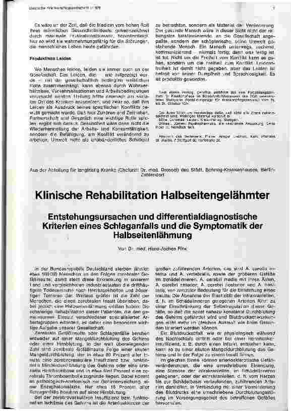 Vorschauseite 1: Klinische Rehabilitation Halbseitengelähmter - Entstehungsursachen und differentialdiagnostische Kriterien eines Schlaganfalls. ..