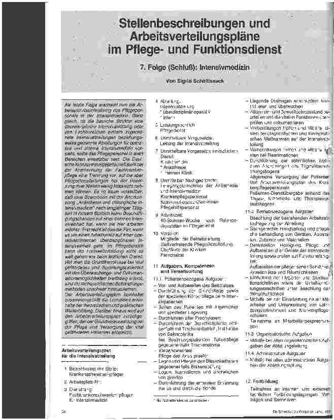 Vorschauseite 1: Stellenbeschreibung und Arbeitsverteilungspläne im Pflegeund Funktionsbereich 7. Folge: ( Schluß ) Intensivmedizin