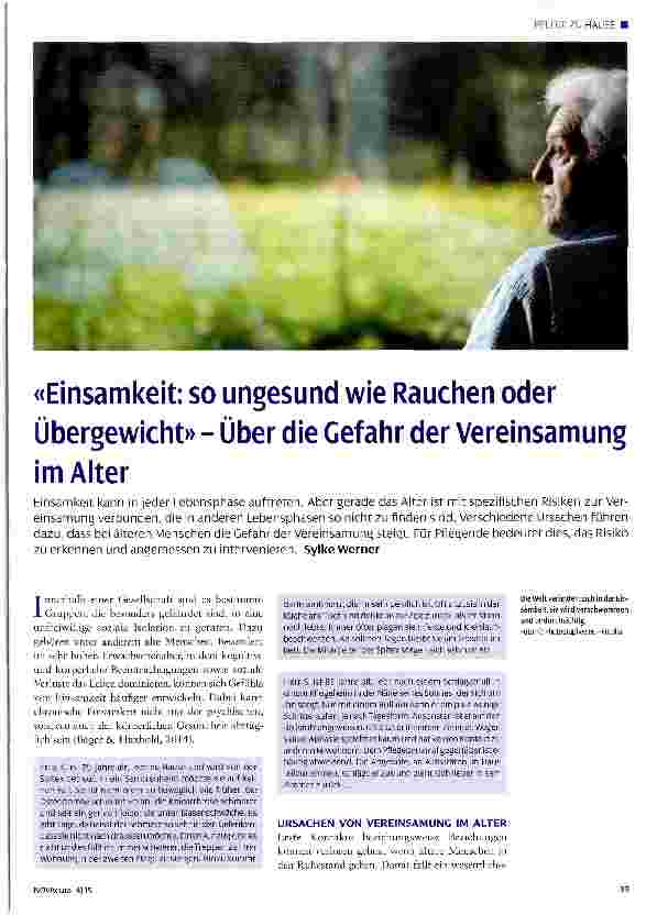 Vorschauseite 1: «Einsamkeit: so ungesund wie Rauchen oder Übergewicht» - Über die Gefahr der Vereinsamung im Alter