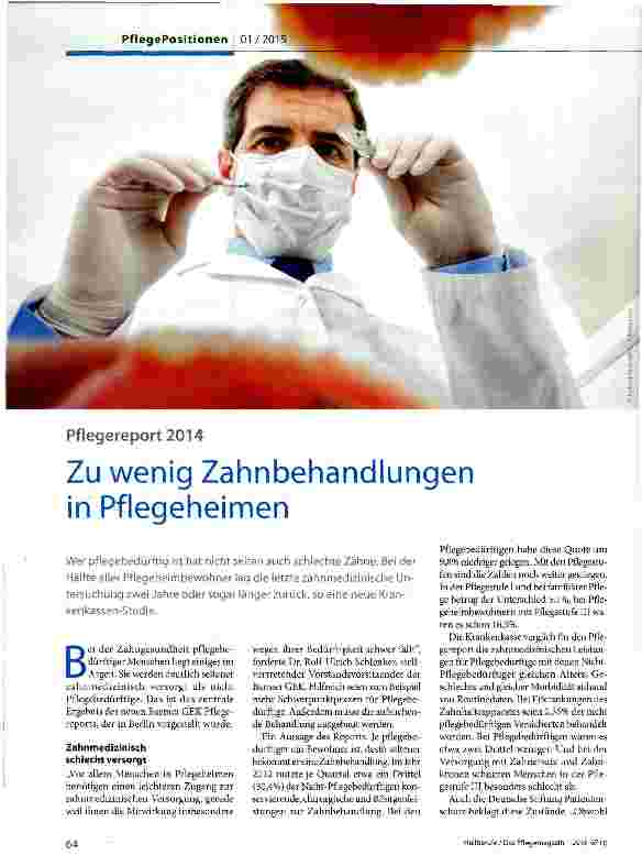 Vorschauseite 1: Pflegereport 2014 Zu wenig Zahnbehandlungen in Pflegeheimen
