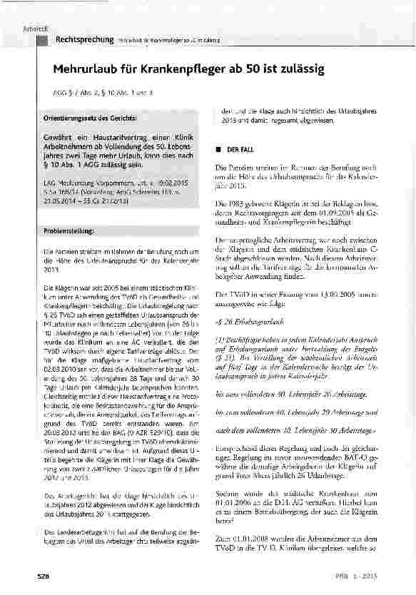 Vorschauseite 1: Mehrurlaub für Krankenpfleger ab 50 ist zulässigAGG § 7 Abs. 2, § 10 Abs. 1 und 3
