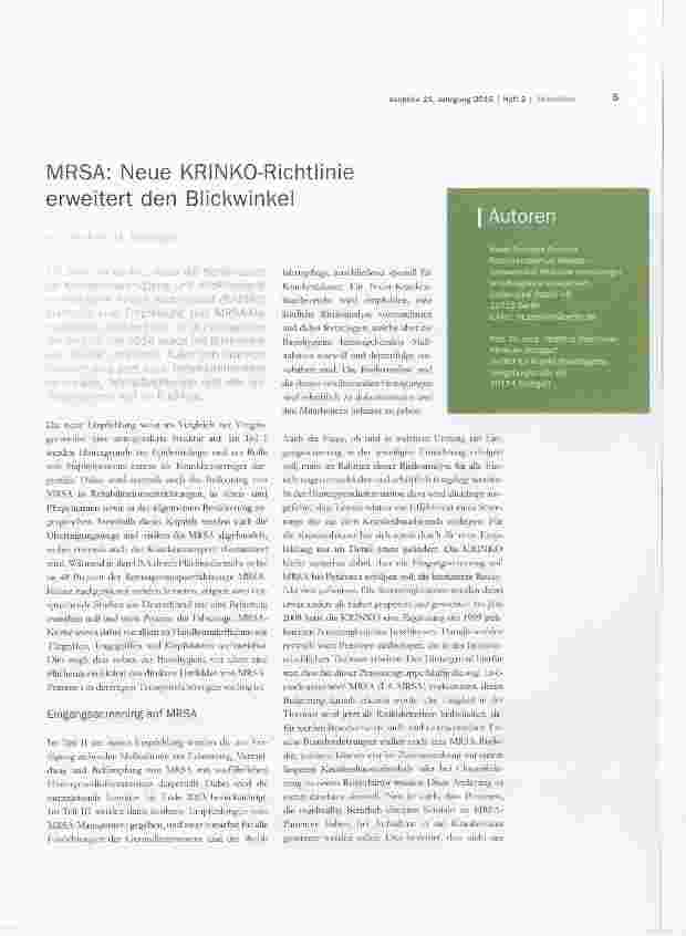 Vorschauseite 1: MRSA: Neue KRINKO-Richtlinie erweitert den Blickwinkel