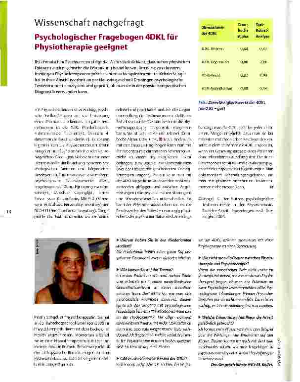 Vorschauseite 1: Wissenschaft nachgefragt Psychologischer Fragebogen 4DKL für Physiotherapie geeignet