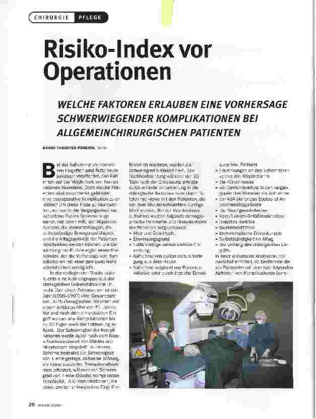 Vorschauseite 1: Risiko-Index vor OperationenWELCHE FAKTOREN ERLAUBEN EINE VORHERSAGE SCHWERWIEGENDER KOMPLIKATIONEN BEI ALLGEMEINCHIRURGISCHEN PATIENTEN
