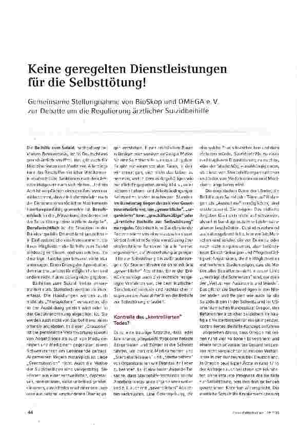 Vorschauseite 1: Keine geregelten Dienstleistungen für die Selbsttötung!