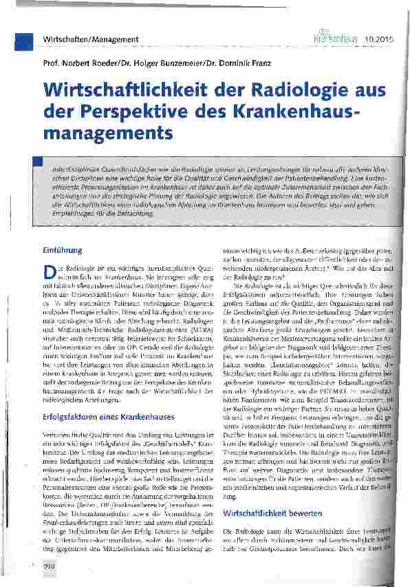 Vorschauseite 1: Wirtschaftlichkeit der Radiologie aus der Perspektive des Krankenhaus-managements