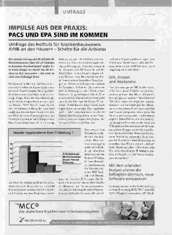 Vorschauseite 1: IMPULSE AUS DER PRAXIS: PACS UND EPA SIND IM KOMMENUmfrage des Instituts für Krankenhauswesen: Kritik an den Häusern - Schelte für die Anbieter