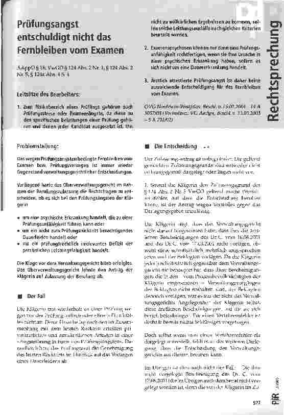 Vorschauseite 1: Prüfungsangst entschuldigt nicht das Fernbleiben vom Examen