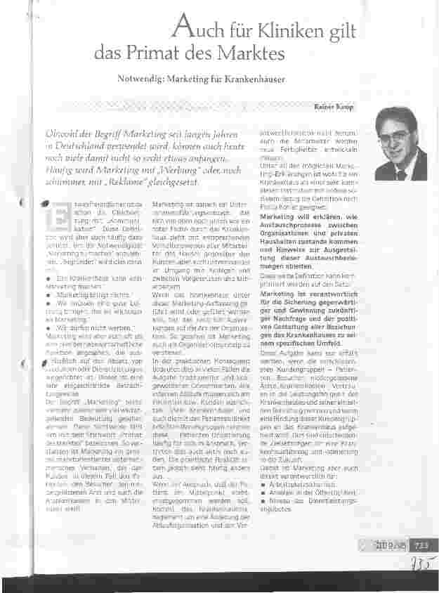 Vorschauseite 1: Auch für Kliniken gilt das Primat des Marktes Notwendig: Marketing für Krankenhäuser
