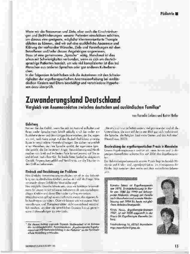 Vorschauseite 1: Zuwanderungsland Deutschland. Vergleich von Anamnesedaten zwischen deutschen und ausländischen Familien*