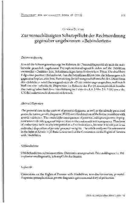 Vorschauseite 1: Zur vernachlässigten Schutzpflicht der Rechtsordnung gegenüber ungeborenen »Behinderten«
