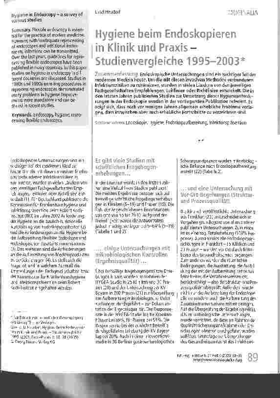 Vorschauseite 1: Hygiene beim Endoskopieren in Klinik und Praxis-Studienvergleiche 1995-2003