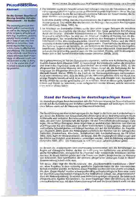 Vorschauseite 2: Zur aktuellen Lage der pflegesensitiven Outcomemessung -eine Übersicht