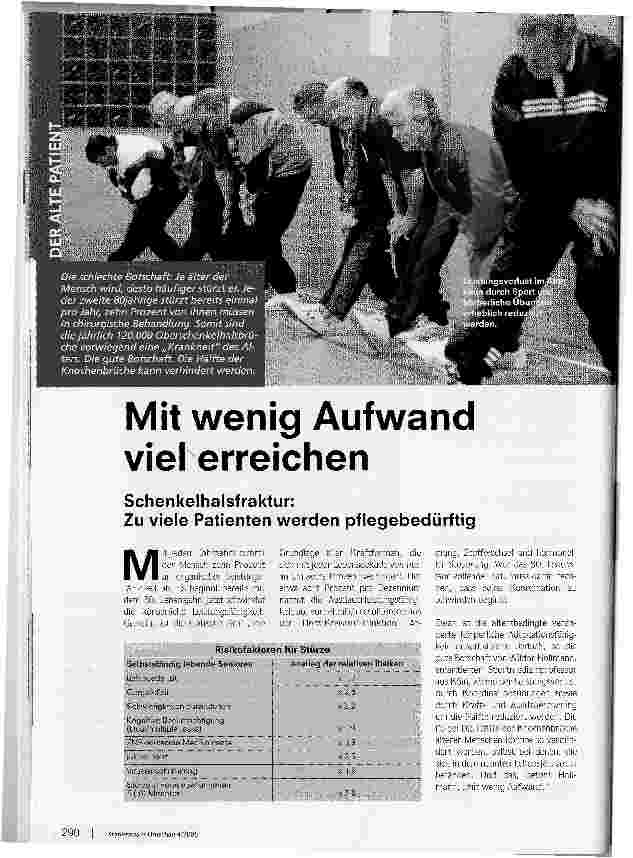 Vorschauseite 1: Mit wenig Aufwand viel erreichen. Schenkelhalsfraktur:Zu viele Patienten werden pflegebedürftig