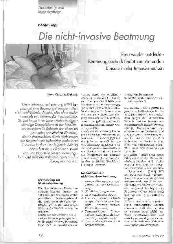 Vorschauseite 1: Die nicht-invasive Beatmung. Eine wieder entdeckte Beatmungstechnik findet zunehmenden Einsatz in der Intensivmedizin