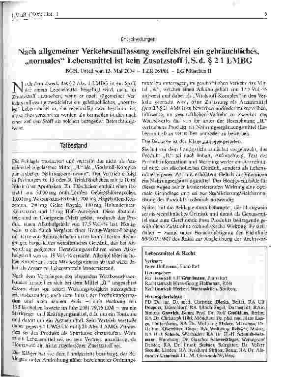 Vorschauseite 1: Nach allgemeiner Verkehrsauffassung zweifelsfrei ein gebräuchliches, normales Lebensmittel ist kein Zusatzstoff i. S. d. § 2 I LMBG
