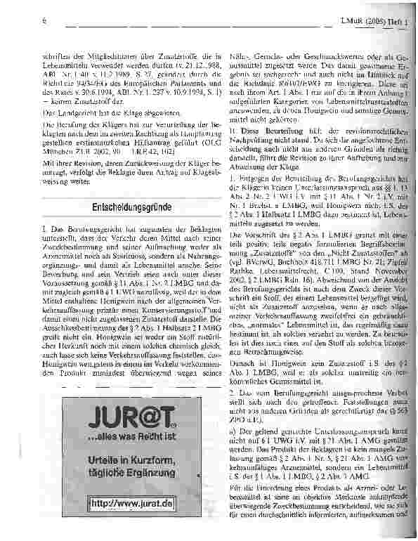 Vorschauseite 2: Nach allgemeiner Verkehrsauffassung zweifelsfrei ein gebräuchliches, normales Lebensmittel ist kein Zusatzstoff i. S. d. § 2 I LMBG